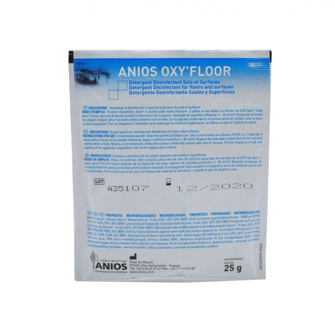 Anios Oxy'floor 25g ! Biocide gesloten circuit, gebruik met voorzichtigheid na het lezen van de gebruiksaanwijzing - De koper is wettelijk verplicht zich te registreren via www.biocide.be