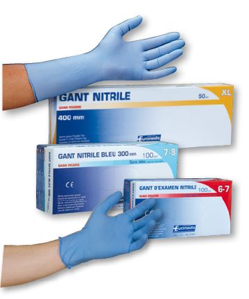 Gant d'examen nitrile bleu - 400 mm - Manchette extra longue - sans poudre - boite de 50